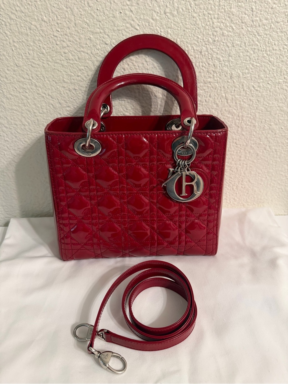 Dior Red Patent Lady Dior Satchel with Detachable Strap